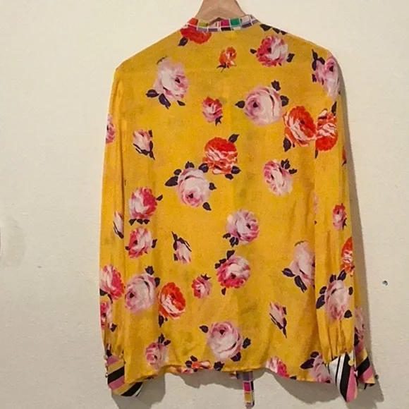 MSGM 100% Silk Yellow Floral Tie-Neck Blouse Size 40 Designer Italian - Picture 4 of 7